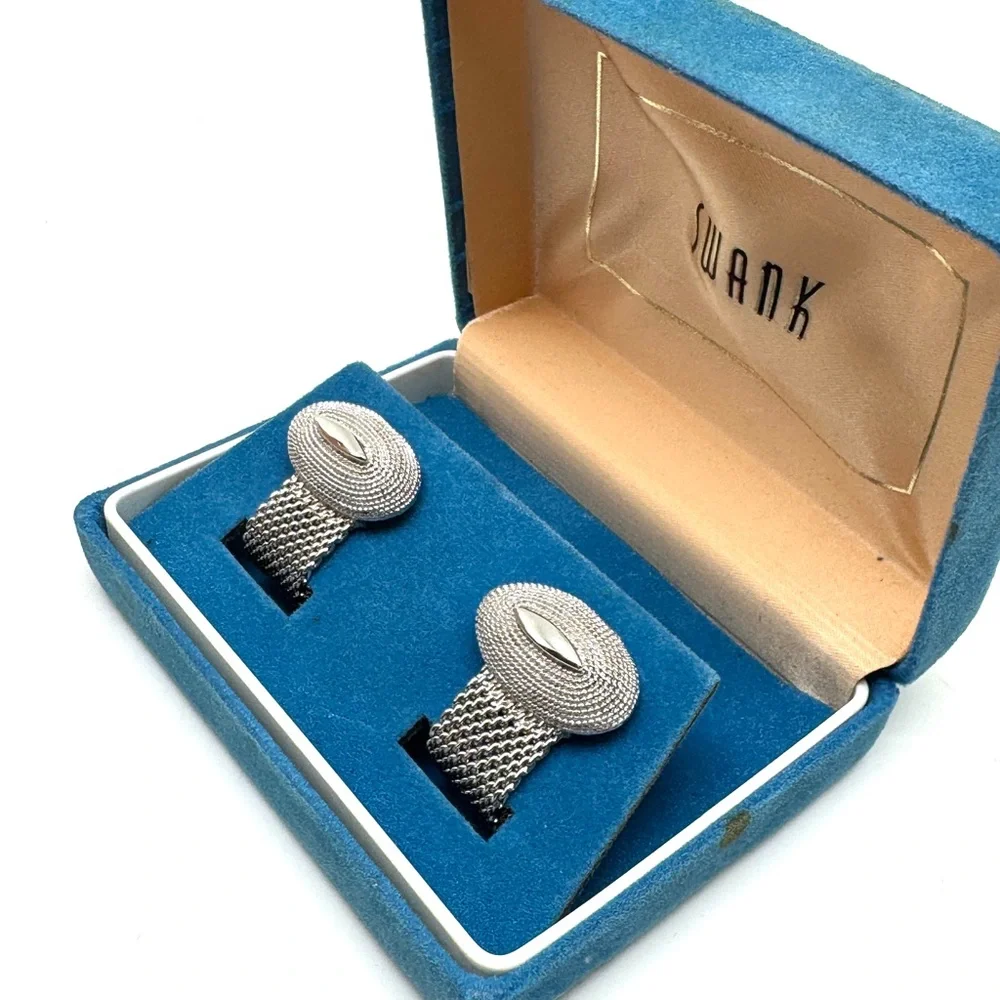 Vintage SWANK Silver Mesh Oval Foldover Cufflinks
